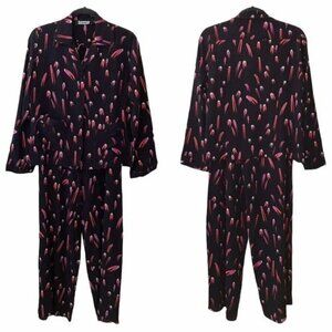 Rockins Luxe Loungewear Black Red Pink 100% Silk Shooting Star Pajama Suit Small